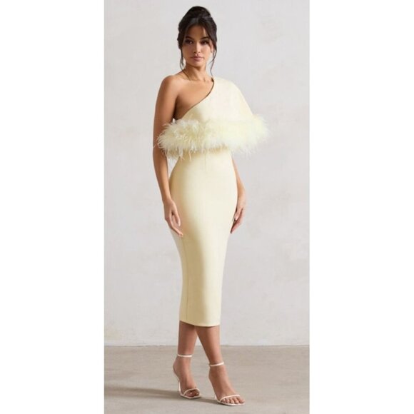 Club L London Victory | Lemon Asymmetric Midi Dress With Feather Trim Size US 8 - Picture 9 of 10